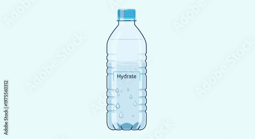 A clear plastic bottle filled with water, labeled 'Hydrate', with bubbles visible inside, against a light blue background.