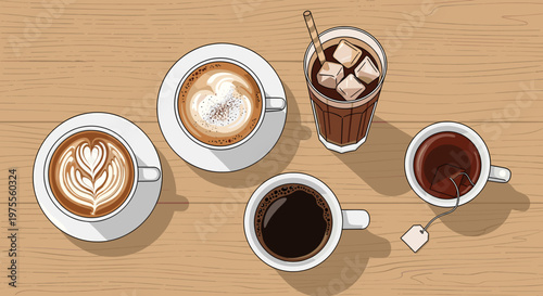 A top-down view of various coffee and tea drinks, including lattes, iced coffee, black coffee, and hot tea, arranged on a light wooden table.
