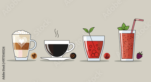 A row of four illustrated beverages: a latte, black coffee, a red juice drink, and a berry smoothie, all in a clean, minimalist style.
