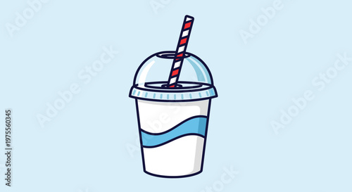 A cartoon illustration of a white disposable cup with a blue wave design and a clear dome lid, featuring a red and white striped straw.