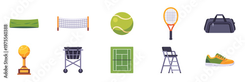Set of tennis icons, racket, ball, court, net, bag, colorful collection with vector flat illustrations