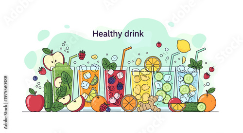 Illustration of various healthy drinks with fresh fruits, vegetables, and herbs in glasses, promoting wellness and natural beverages.