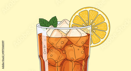 Refreshing glass of iced tea with ice cubes, a lemon slice, and fresh mint leaves on a light yellow background.