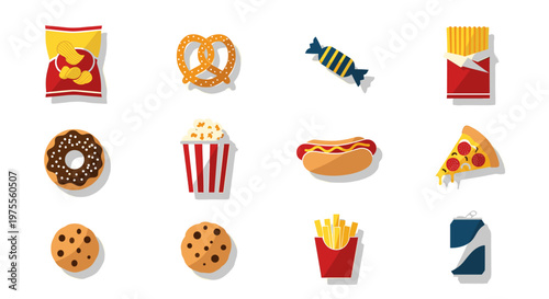 A collection of various popular junk food items and snacks arranged neatly on a white background, including chips, pizza, hot dogs, and cookies.