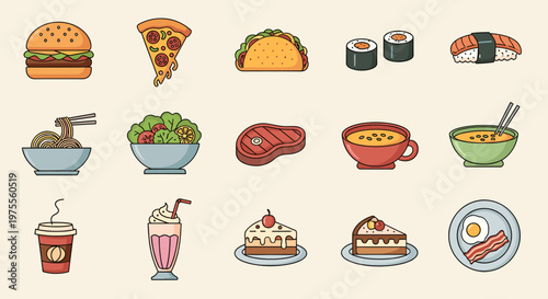 A vibrant collection of various food icons including burgers, pizza, sushi, noodles, salads, steaks, soups, coffee, milkshakes, cakes, and breakfast items.