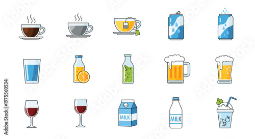 A collection of various drinks and beverages including coffee, tea, soda, water, juice, beer, wine, milk, and a smoothie, presented as flat design icons.