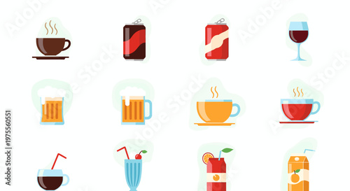 A diverse collection of flat design icons featuring various beverages like coffee, soda, beer, wine, milkshakes, and juice.