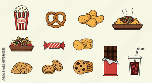 A collection of popular snack foods including popcorn, pretzels, potato chips, nachos, candy, crackers, chocolate bars, cookies, and a soda drink.