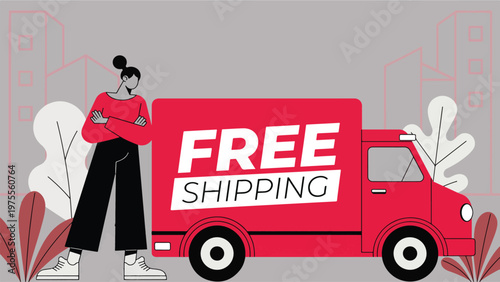 Free Shipping Delivery Truck Illustration – Modern Flat Vector E-commerce Concept