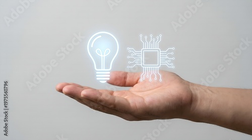 Human hand presenting glowing digital light bulb and microchip icons symbolizing new ideas and advanced technological innovation, representing concepts like artificial intelligence or future developme