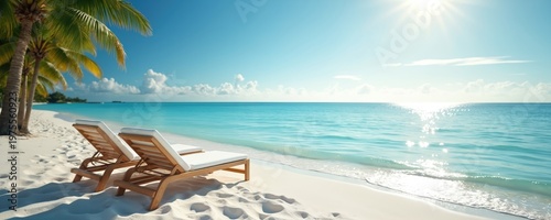 Two empty lounge chairs sit on a white sand beach facing calm turquoise ocean water under a bright sunny sky. Palm trees sway gently in the background of this idyllic tropical paradise.