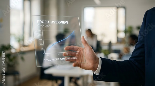 Professional hand displaying an innovative transparent augmented reality screen showing a rising profit overview graph for Q1-Q4 2024 data in a modern office environment.