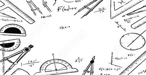 Hand Drawn Geometry Tools and Math Sketch Pattern, School Supplies Seamless Background, Ruler Compass Protractor Doodle Elements on Transparent PNG