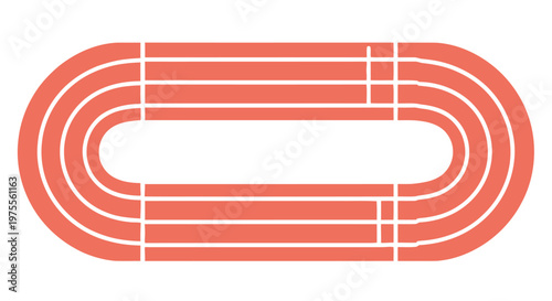 An overhead view of a red running track with curved ends and white lanes