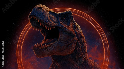 Close up of a pixelated Tyrannosaurus Rex roaring with an orange glowing ring of light and star specks in the background in a dark eerie setting
