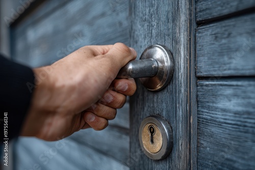 Close up of a human hand turning a silver doorknob on a weathered dark blue wooden door with a brass lock providing access to a new opportunity or secret space concept