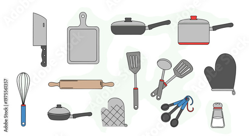 A collection of essential kitchen utensils and cooking equipment for culinary tasks and food preparation.