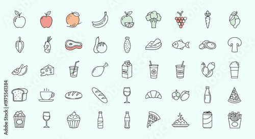A comprehensive collection of diverse food and drink icons, presented in a clean, minimalist line art style on a light blue background.