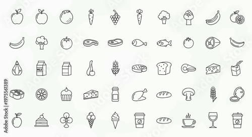 A comprehensive collection of minimalist line art icons depicting various food items, fruits, vegetables, meats, dairy, baked goods, and beverages.