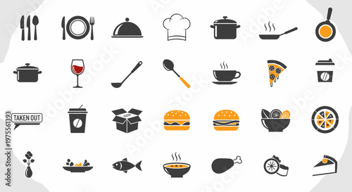 A comprehensive set of flat design food and kitchen icons, including cutlery, dishes, chef's hat, cooking pots, various meals, and beverages.