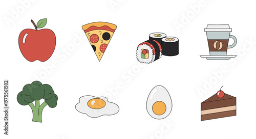 A collection of eight diverse food and drink items, including an apple, pizza, sushi, coffee, broccoli, fried egg, boiled egg, and a slice of chocolate cake.