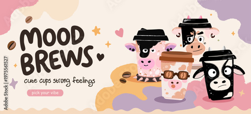 cute cow coffee cup characters set with emotions cartoon vector banner illustration
