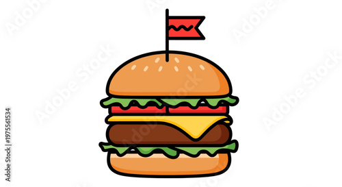 A delicious-looking hamburger with a red flag on top, featuring layers of lettuce, tomato, cheese, and a beef patty, presented against a white background.