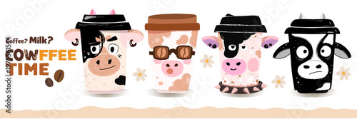 Cute cow coffee cup characters set with accessories on white background banner vector