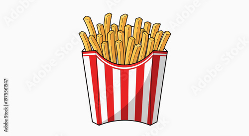 A close-up illustration of a red and white striped carton filled with golden french fries, presented on a white background.