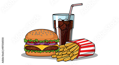 A delicious-looking hamburger with cheese, lettuce, and onions, served with a side of crispy french fries and a tall glass of cola with ice and a straw.