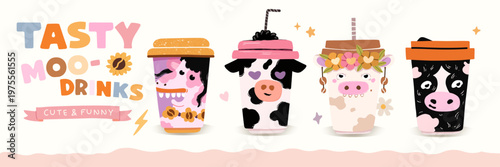 Cute cow coffee cup characters collection with straw and flower crown banner vector