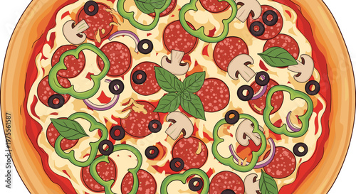 A vibrant, top-down illustration of a delicious pepperoni pizza adorned with green bell peppers, black olives, red onions, mushrooms, and fresh basil leaves.