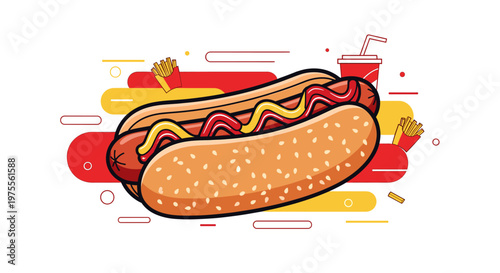 A delicious hot dog with mustard and ketchup, served with french fries and a soda, presented in a vibrant, stylized illustration.