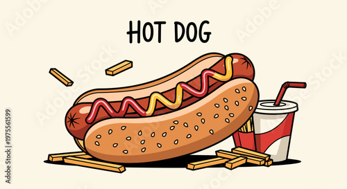 A delicious hot dog with mustard and ketchup, served with french fries and a drink, presented in a fun, cartoonish style.