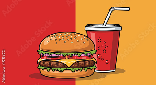 A cartoon illustration of a classic cheeseburger with lettuce, tomato, and onion next to a red soda cup with a straw, set against a split red and orange background.