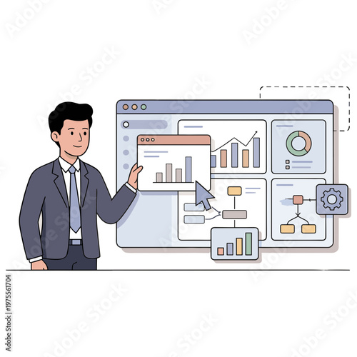 Businessman presents data analysis on a large computer screen with graphs