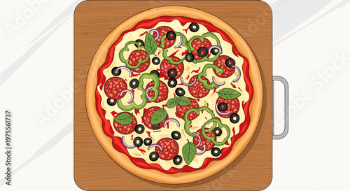Overhead view of a freshly baked whole pizza with pepperoni, green bell peppers, black olives, and basil leaves on a wooden serving board.