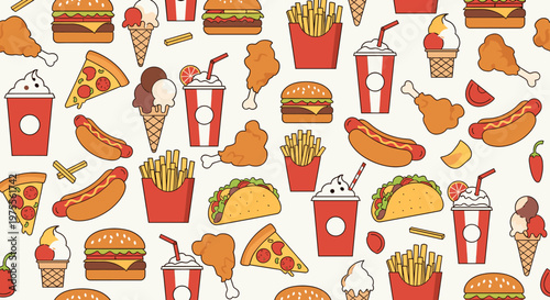 A vibrant and colorful illustration featuring a repeating pattern of various fast food items, including burgers, fries, pizzas, tacos, and ice cream cones.