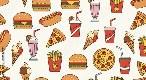 A vibrant and colorful seamless pattern featuring a variety of popular fast food items and drinks.