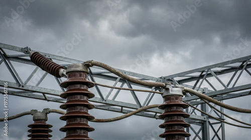 Brown ceramic high voltage insulators and thick electrical cables connect to a steel lattice framework at a power substation, against a dark, gloomy, and stormy grey sky.