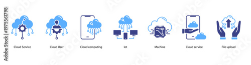 Cloud Solutions web banner icon vector illustration featuring Cloud Service, Cloud User, Cloud Computing, IoT, Machine, Cloud Service, and File Upload.