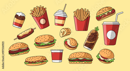 A vibrant collection of various fast food items including burgers, french fries, hot dogs, wraps, and soda drinks, presented in a cartoon style on a light yellow background.