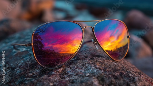 Close Up Of Aviator Sunglasses Reflecting A Vibrant Sunset Sky With Fiery Orange And Purple Hues And Silhouetted Trees Resting On A Textured Rock Surface