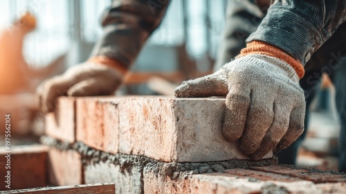Close-up of construction worker wearing protective gloves carefully placing a red brick onto wet mortar forming a wall with warm sunlight illuminating the scene and blurred background showing other