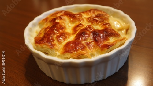 Deliciously baked casserole with a golden crust and creamy filling captured in a round dish perfect for serving at dinner gatherings. Generative AI
