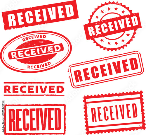 Collection of Red Distressed Received Status Rubber Stamp Vectors, ideal for administrative workflow documentation, mailroom processing, and business document verification