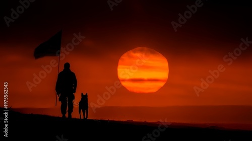 A silhouette of a person holding a flag walks with a dog under a vibrant sunset creating a captivating and evocative image. Perfect for various commercial themes. Generative AI