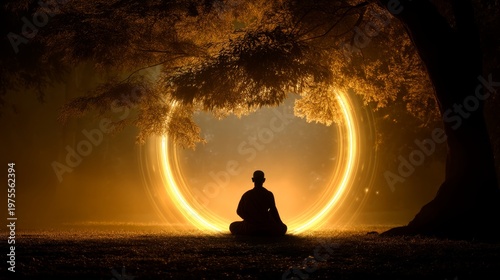 Serene meditation scene with a figure silhouetted against a glowing circle and mystical surroundings evoking peace and tranquility in nature. Generative AI