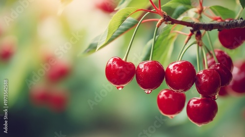 Freshly picked red cherries hanging from a green branch glistening with water droplets in a lush garden setting offering a vibrant and healthy appeal. Generative AI