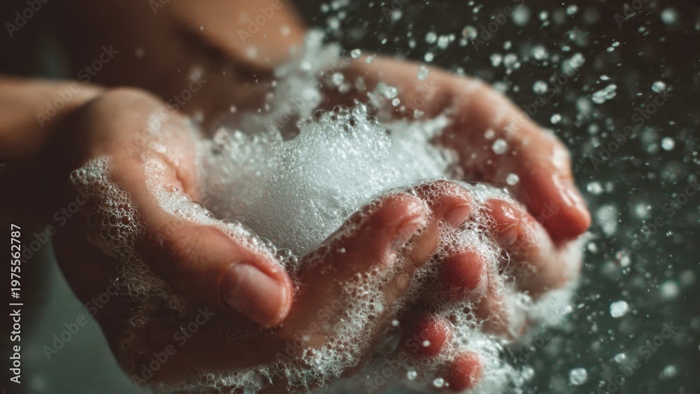 Fototapeta premium Close-up of hands generating rich soap lather and splashing water, emphasizing hygiene, cleanliness, and personal care. Perfect for health, sanitation, and refreshing themes.